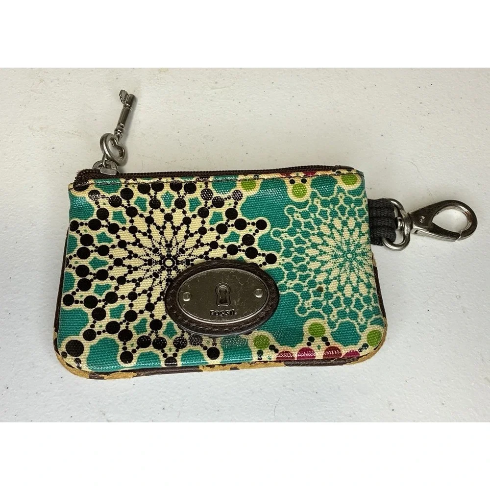 VTG Fossil Key-Per Coin Purse ID Key Pouch Floral Geometric Clip Flaw See Pics